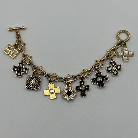 St. John Jewelry - VTG St John Charm Bracelet Maltese cross Crystal gold plate Logo designer#219
